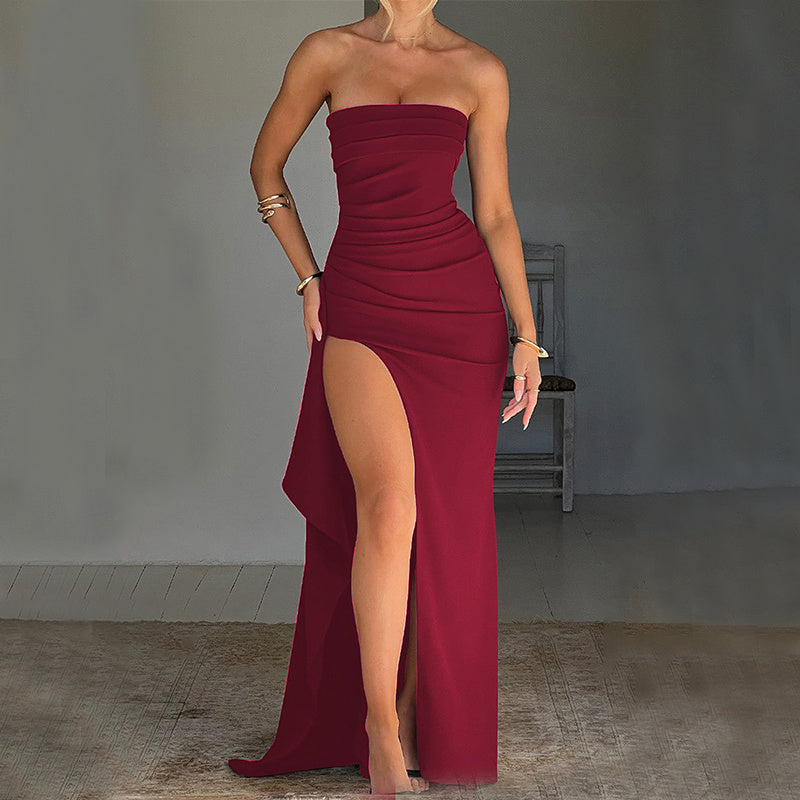 Robe Longue Plissée Sans Bretelles