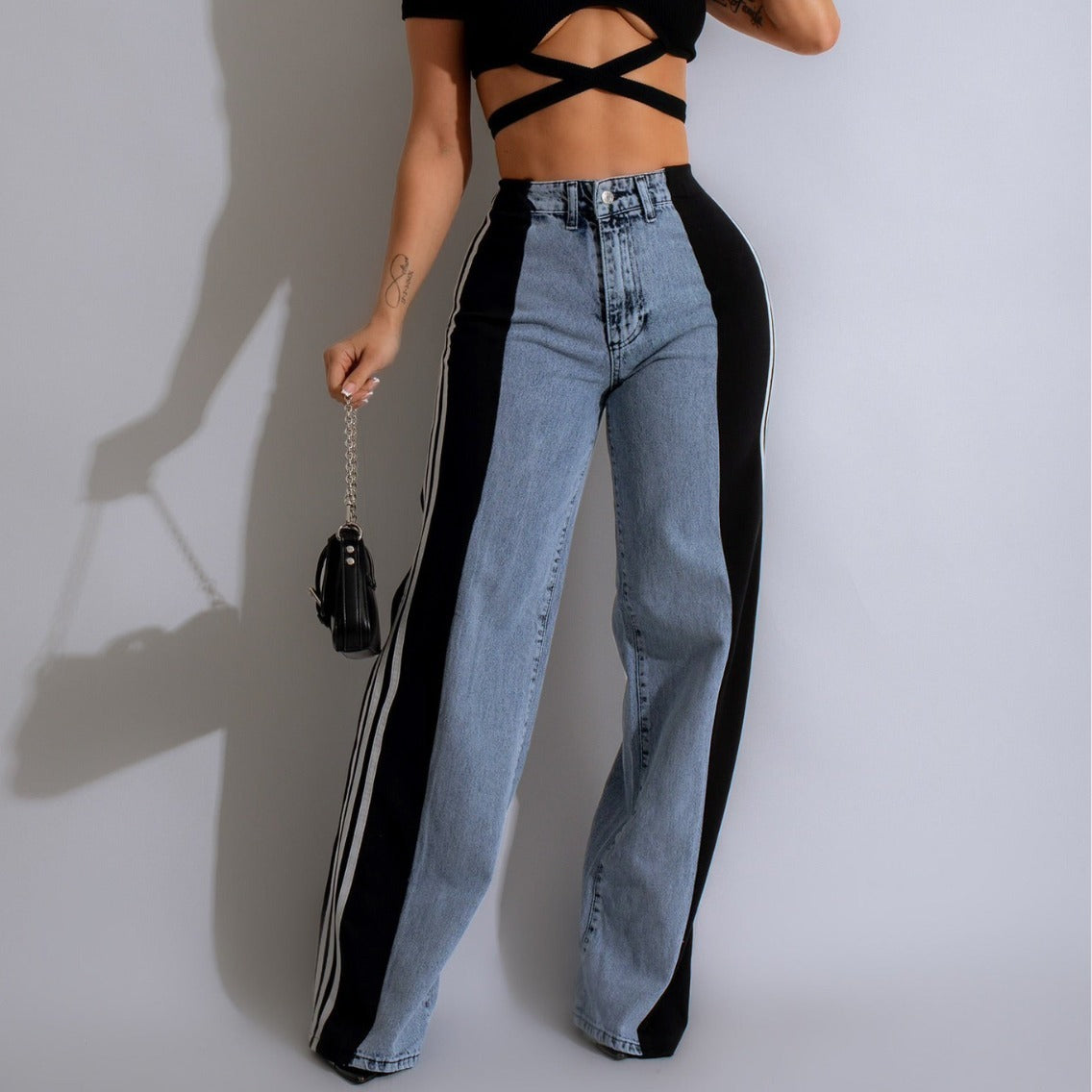 Jean Large Taille Haute à Rayures