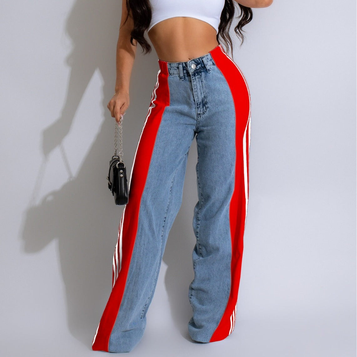 Jean Large Taille Haute à Rayures